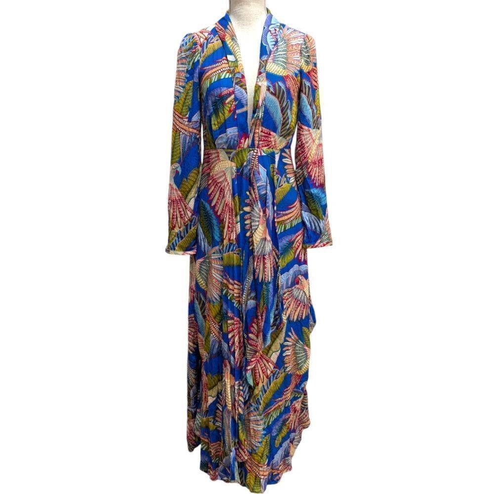 FARM Rio Blue Macaw Flight Maxi Dress Women's S Festive Colorful Bird Print NWT - Picture 3 of 10